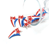 Red, white, and blue star-shaped charmson a white background
