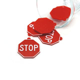 Red 'STOP' signs on a white background