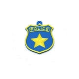 Blue police badge charm with a yellow star and 'POLICE' text on a white background