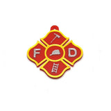 Red and yellow FD logo with fireman hat, axe, and ladder symbols on a white background