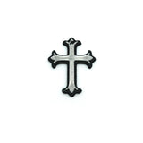 Black and silver cross charm on a white background