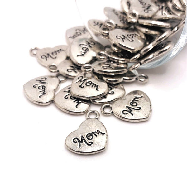 1, 4, 20 or 50 Pieces: Antique Silver Mom Heart Charms - Double Sided