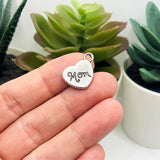 1, 4, 20 or 50 Pieces: Antique Silver Mom Heart Charms - Double Sided