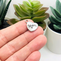 1, 4, 20 or 50 Pieces: Antique Silver Mom Heart Charms - Double Sided