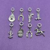 64-piece silver western charm mix with 6 cowboy and western themed jewelry charms for DIY jewelry making and crafts.
