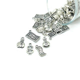 120-piece silver money charm assortment with 6 money-themed styles for jewelry making, bracelets, necklaces, earrings, and DIY crafts.