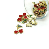 19x16mm red enamel cherry charms for jewelry making, earrings, bracelets, necklaces, keychains, and DIY fruit-themed crafts.