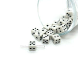 White 3D dice beads measuring 7.5x7.5mm for jewelry making, bracelets, earrings, keychains, gaming crafts, and DIY projects.