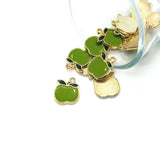 15x13mm green apple enamel charms for jewelry making, earrings, bracelets, necklaces, keychains, teacher gifts, and DIY crafts.