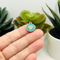 Aqua Blue and Gold Round Heart Charms, 16x13mm
