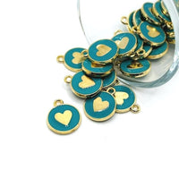 Aqua Blue and Gold Round Heart Charms, 16x13mm