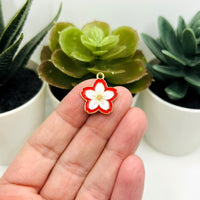 1, 4, 20 or 50 Pieces: Red and White Enamel Flower Charms