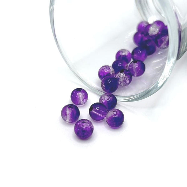 6mm purple and clear crackle glass beads – small round beads with vibrant purple and clear crackled detailing