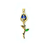 18k gold tulip charm with blue cubic zirconia, 38x12mm floral pendant for jewelry making