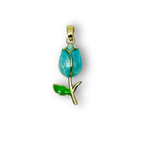 18k gold tulip charm with baby blue enamel, 29x10mm floral pendant for jewelry making