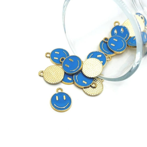 blue smiley face charm – 14x12mm – cute and happy jewelry charm