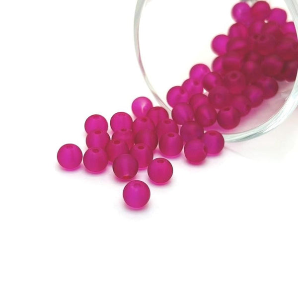 6mm dark pink frosted glass beads on a string, ideal for jewelry-making and crafts.