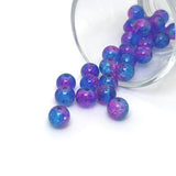 8.5mm crackle glass beads in purple and blue hues, reflecting light with a textured sparkle, on a string—ideal for jewelry-making and craft projects.