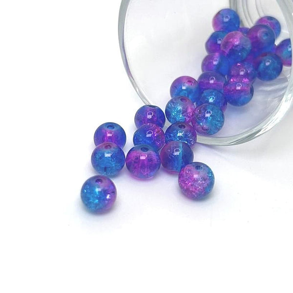 8.5mm crackle glass beads in purple and blue hues, reflecting light with a textured sparkle, on a string—ideal for jewelry-making and craft projects.