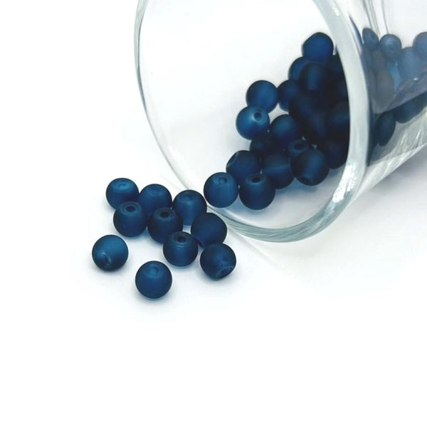6mm dark blue frosted glass beads on a string, ideal for jewelry-making and craft projects.