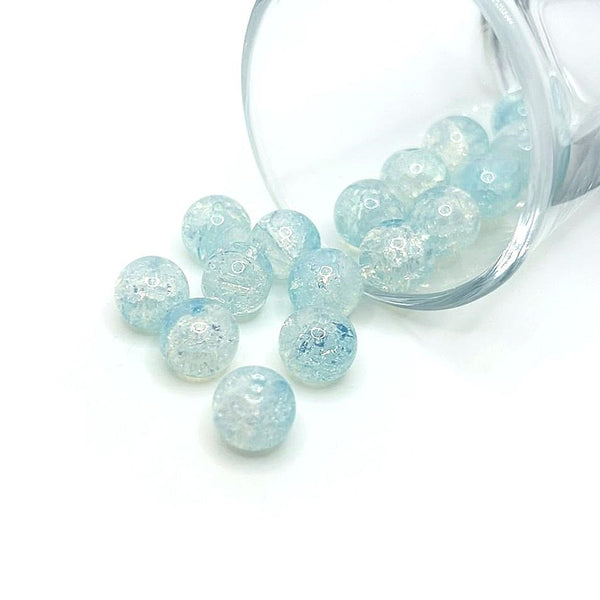 10 mm blue and clear crackle glass beads on a string, showcasing a sparkling crackle texture—ideal for jewelry-making and craft projects.