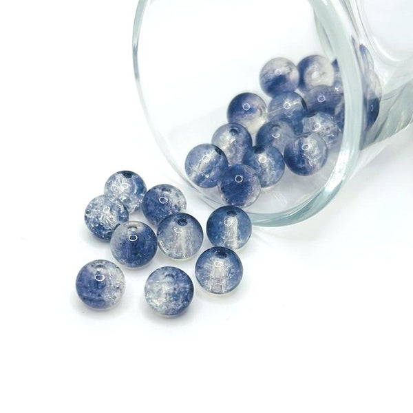 8.5 mm blue and clear crackle glass beads on a string, sparkling with fractured, textured facets—ideal for jewelry-making and craft projects.