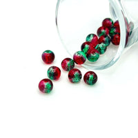 8 mm red and green crackle glass beads on a string, showcasing a dynamic cracked-glass texture—perfect for jewelry-making and seasonal crafts.