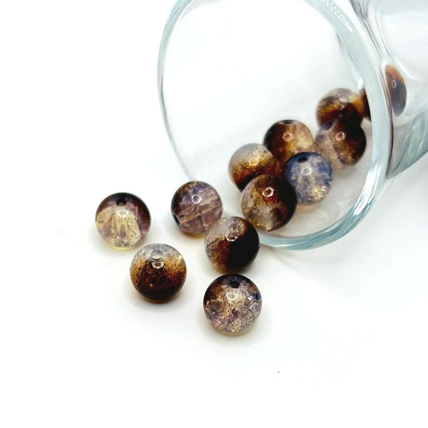 10mm brown and clear crackle glass beads – round beads with warm brown and clear crackled glass detailing