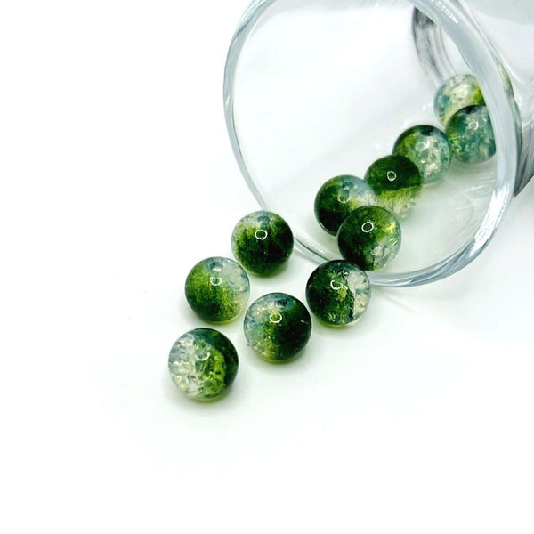 10mm green and clear crackle glass beads – round beads with vivid green and clear crackled glass detailing