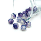 10mm purple and clear crackle glass beads – round beads with bright purple and clear crackled glass detailing
