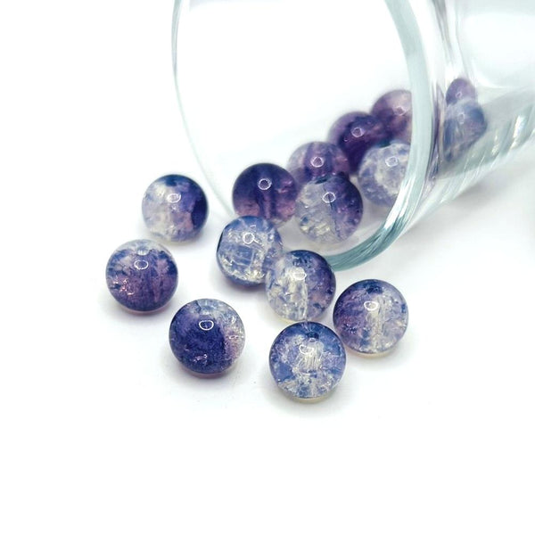 10mm purple and clear crackle glass beads – round beads with bright purple and clear crackled glass detailing