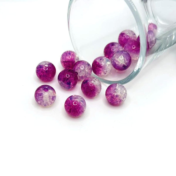 10mm pink and clear crackle glass beads – round beads with vibrant pink and clear crackled glass detailing