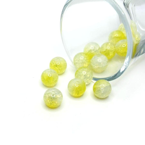 10mm yellow and clear crackle glass beads – round beads with bright yellow and clear crackled glass detailing