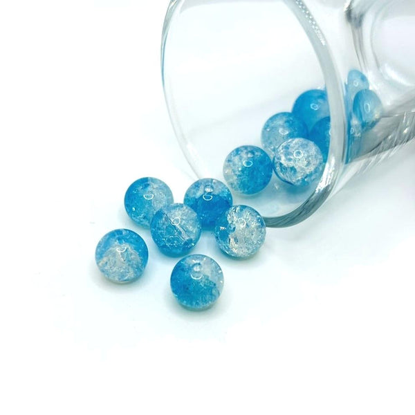 10mm blue and clear crackle glass beads – round beads with vibrant blue and clear crackled glass detailing