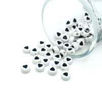 round white and black heart beads – 7x7mm – plastic beads with black hearts for custom crafts and jewelry