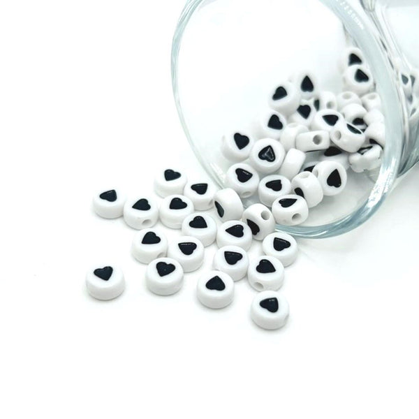 round white and black heart beads – 7x7mm – plastic beads with black hearts for custom crafts and jewelry