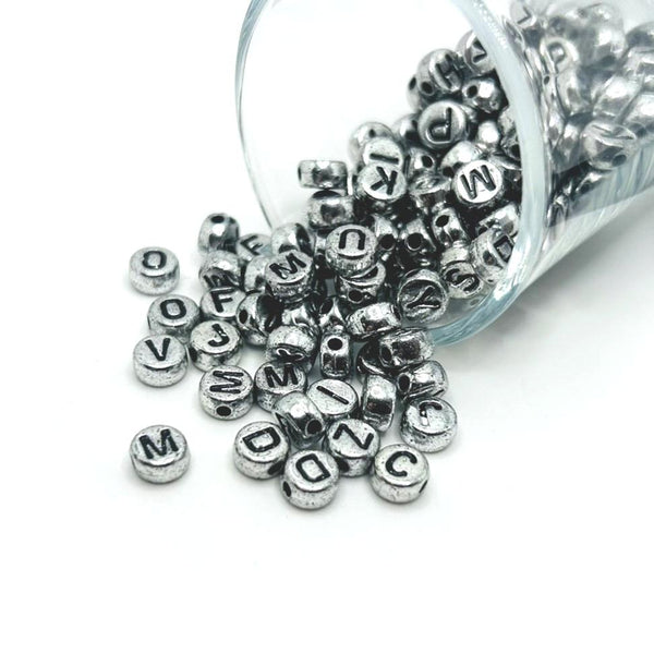round silver and black alphabet beads – 7x7mm – metallic letter beads for custom jewelry and crafts
