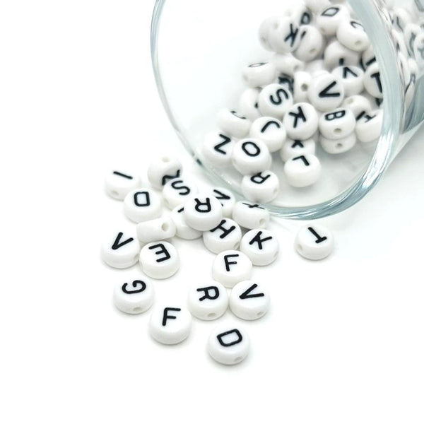 round white and black alphabet beads – 7x7mm – plastic letter beads for custom jewelry and craft designs