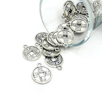 antique silver Chinese lucky coin charm – 19x15mm – traditional round charm with square center for good luck jewelry