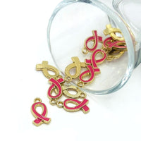 pink awareness breast cancer ribbon charm – 17x10mm – enamel support charm for breast cancer jewelry and crafts
