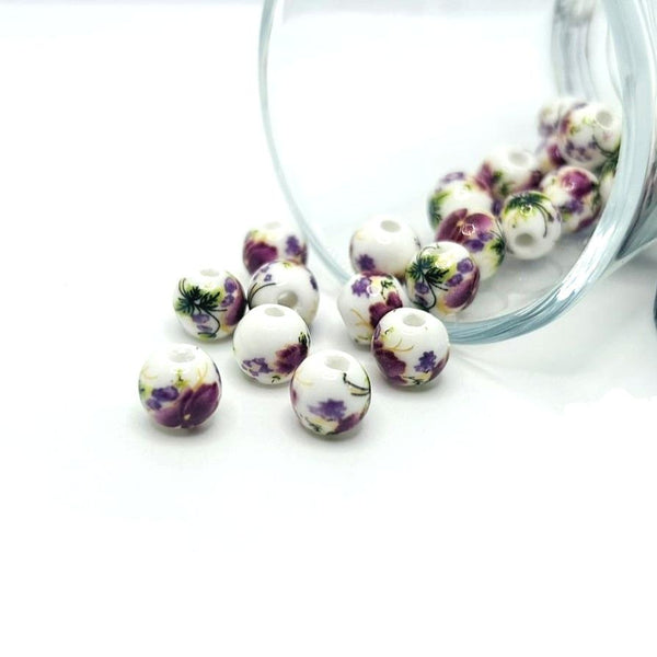 purple and white flower porcelain beads – 8x8mm – round ceramic beads with floral design for jewelry making