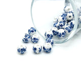 blue and white flower porcelain beads – 8x8mm – round ceramic beads with floral design for elegant jewelry making