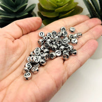 Round Silver and Black Alphabet Beads, 7x7mm