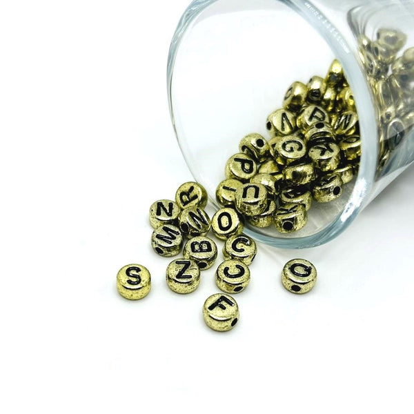 round gold and black alphabet beads – 7x7mm – metallic letter beads for custom jewelry and crafts