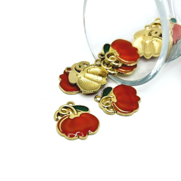 pumpkin on vine fall charm – 22x20mm – orange enamel pumpkin with green vine for autumn jewelry and crafts