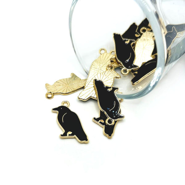 enamel raven charm – 24x17mm – black bird charm for gothic or spooky jewelry and crafts