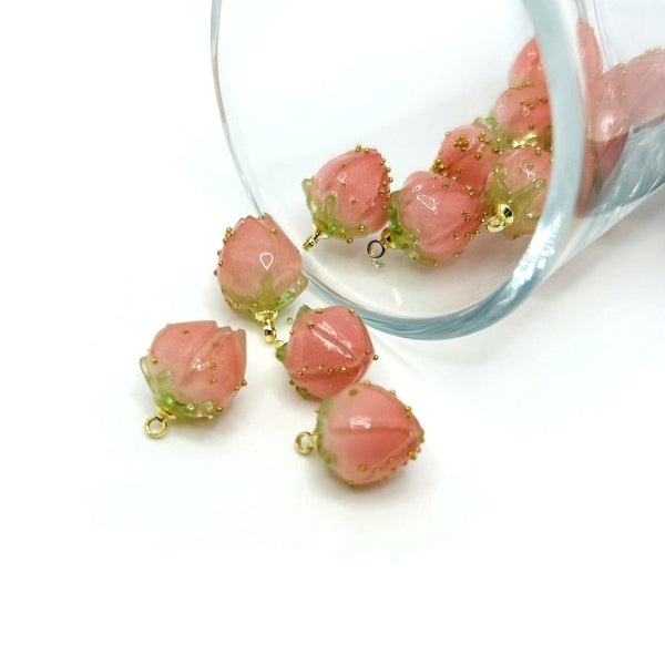 pink flower bud charm – 14x9mm – delicate enamel floral charm for jewelry and craft designs
