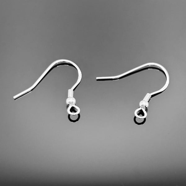 A pair of polished sterling silver earring hooks (ear wires) with coil and ball detailing, displayed against a white background—ideal for crafting earrings.