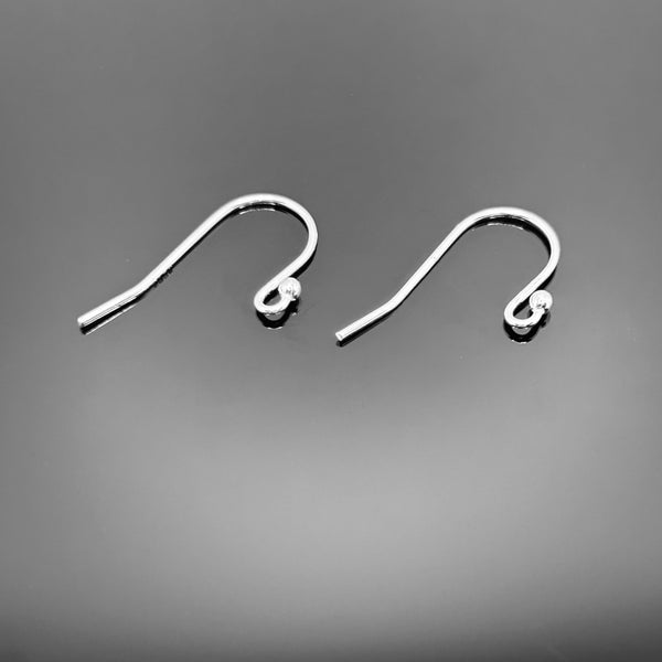 Two sterling silver earring hooks (ear wires) arranged on a gray surface, each featuring a loop attachment, approximately 20 × 11 mm in size.