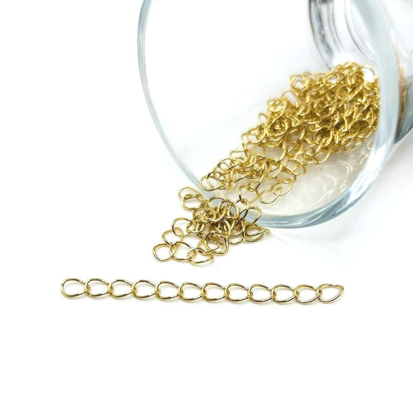 A set of gold-plated chain extenders, each approximately 5 cm long with lobster clasp at one end and link loop at the other, displayed against a white background.